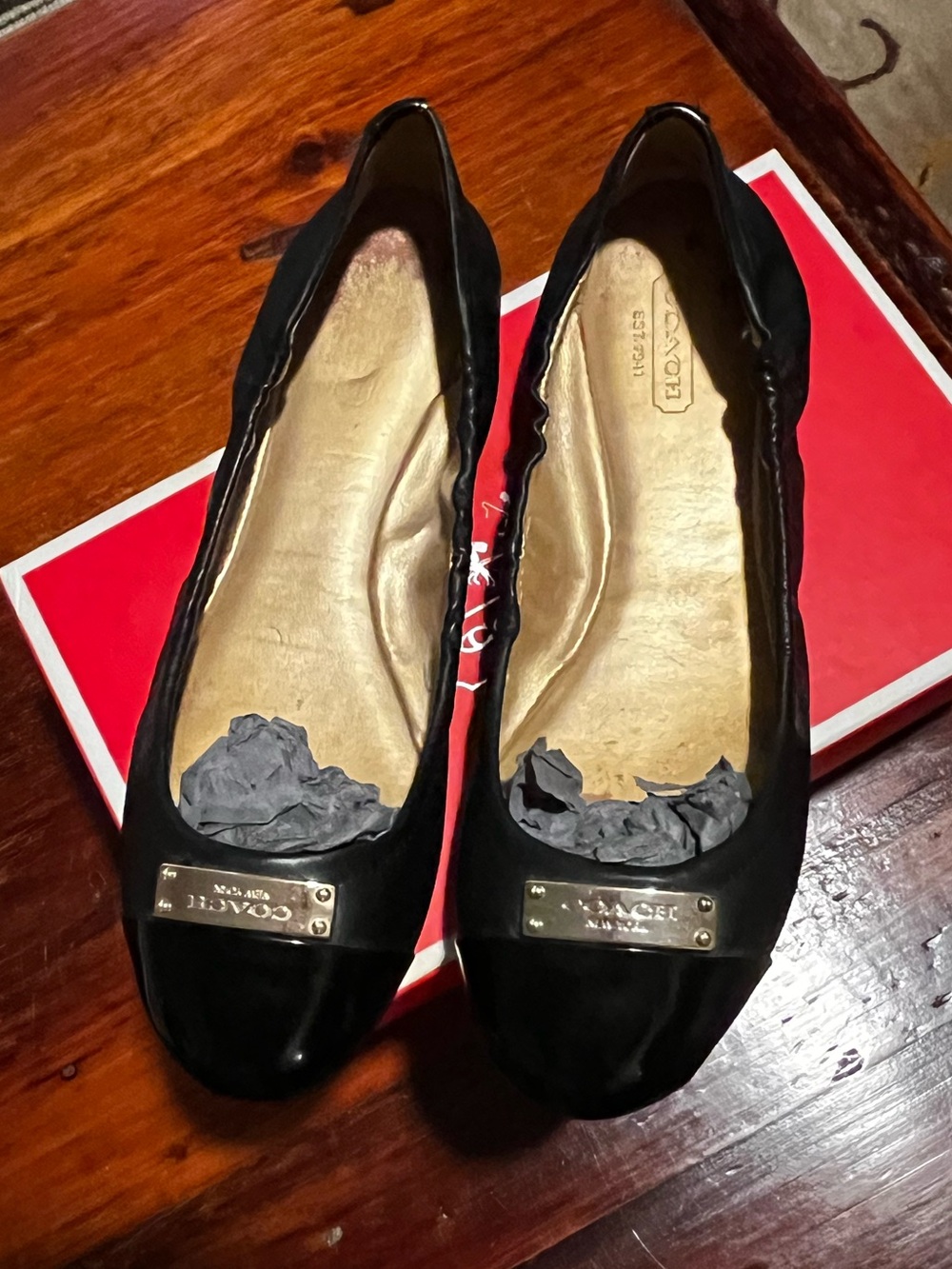 Coach Black Patent Leather Ballet Flats with Gold Plaque